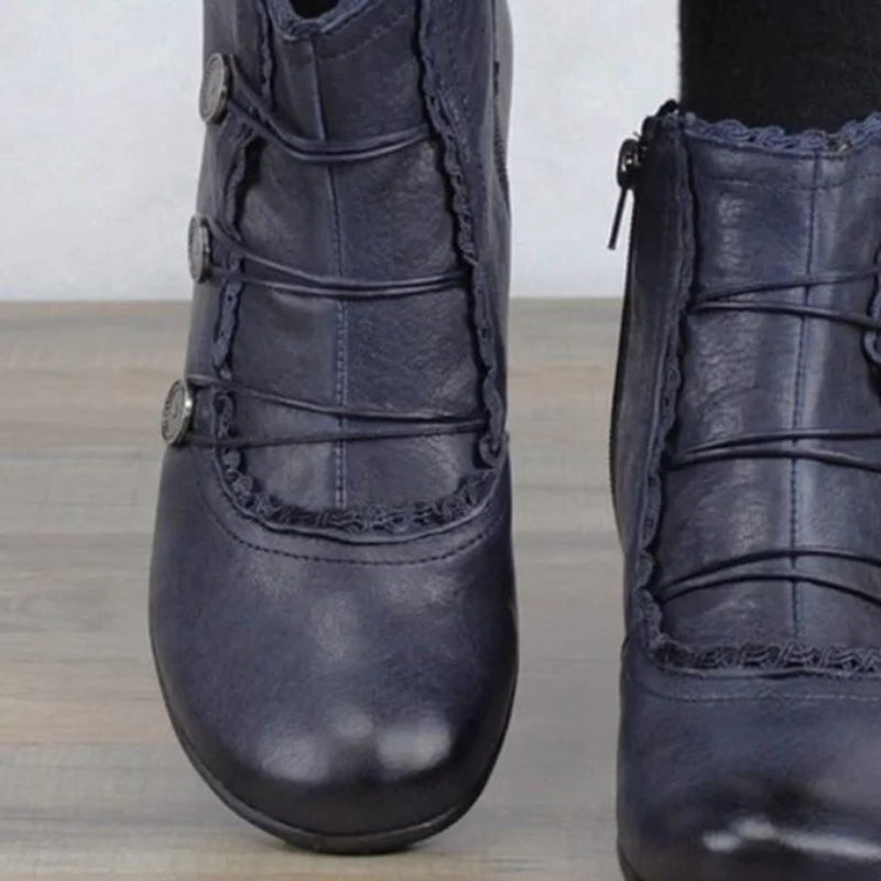 Retro Lace Round Buckle Low Heel Martin Boots-consonak