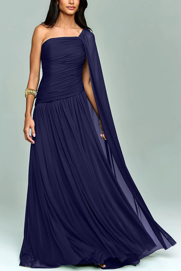 Marsala Ruched Tulle One Shoulder Asymmetrical Floor-length Sleeve Drape Maxi Dress
