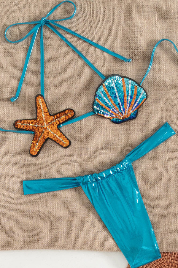 Colorful Sequined Shell Tie Two-piece Stretch Bikini Swimsuit-consonak