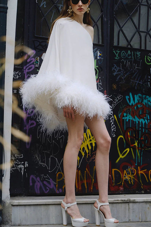 Vegas Living One Shoulder Feather Hem Party Mini Dress-consonak