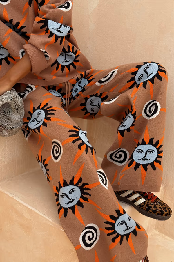 Mediterranean Art Knit Unique Sun Vortex Print Elastic Waist Wide Leg Pants-consonak