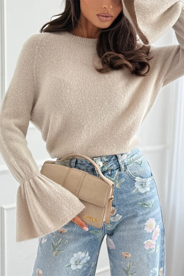 Spring Calling Knit Crew Neck Long Bell Sleeve Relaxed Sweater