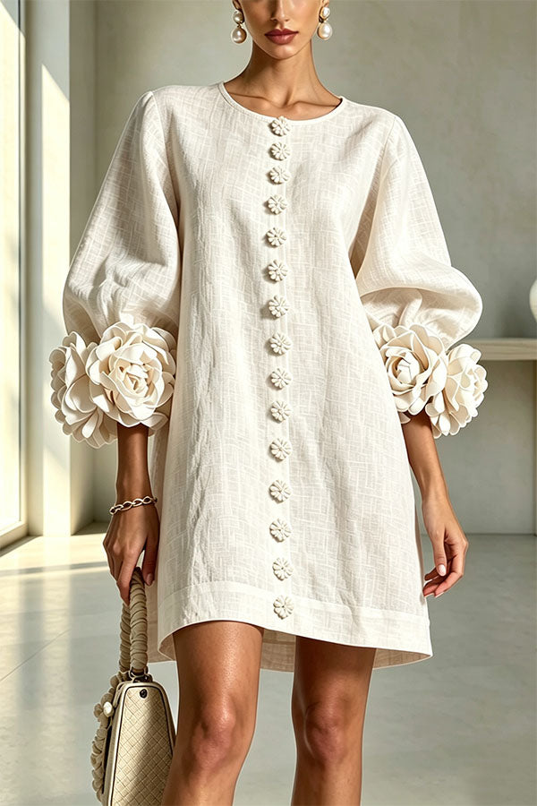 Rima Linen Blend Flowers Button Down Floral Cuffs Half Sleeve Mini Dress-Consonak