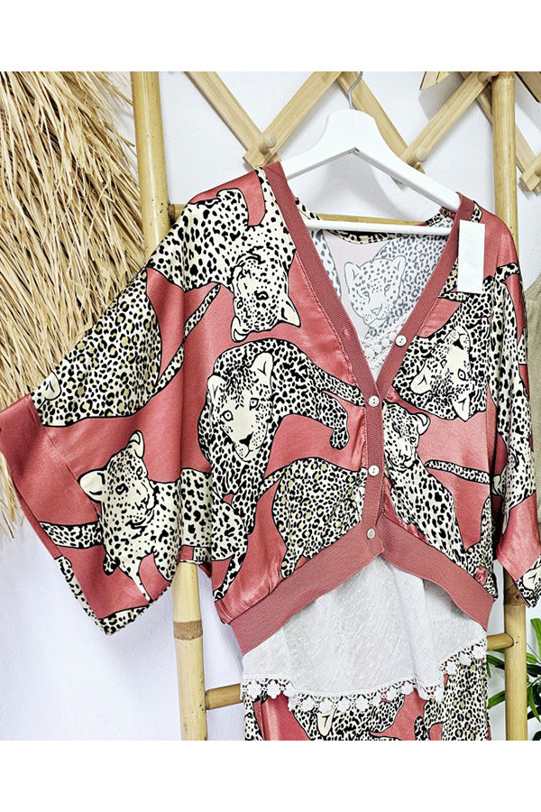 Abbie Satin Tiger Print Bat Wide Sleeve Button Loose Coat-consonak