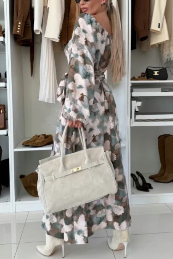 Unique Printed V-neck Long-sleeved Waist Tie Slit Maxi Dress-consonak