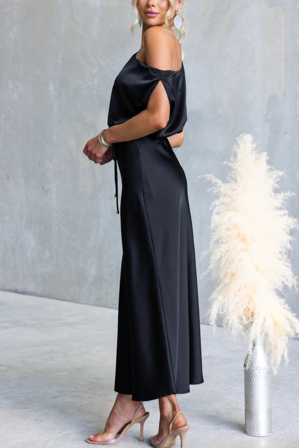 Solid Color One-shoulder Sleeveless Belted Casual Maxi Dress-consonak