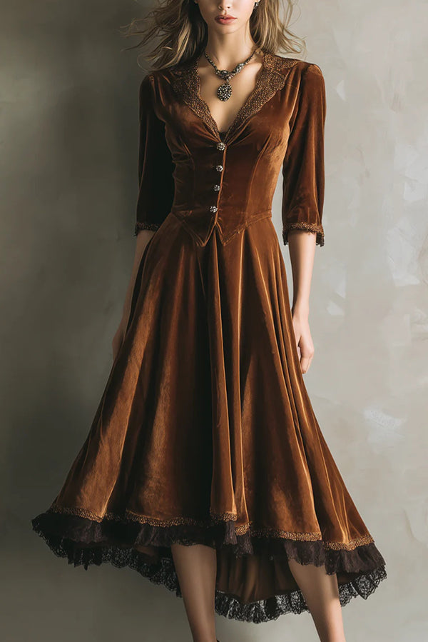 Fashionable Velvet and Lace Patchwork V-neck Button Midi Dress-consonak
