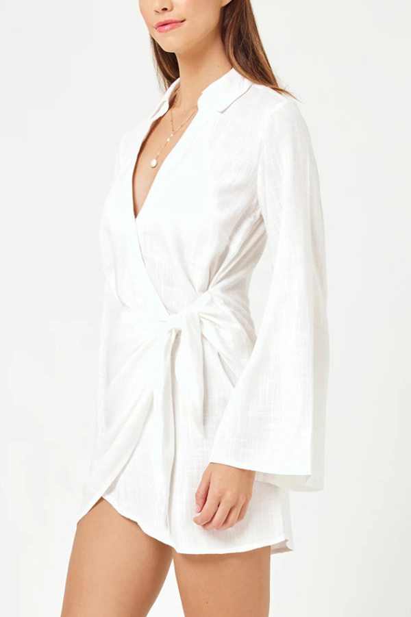 Solid Color Casual Long-sleeved V-neck Tie Waist Mini Dress-consonak