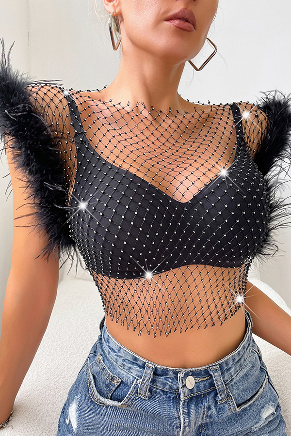 Sexy Ostrich Feather Rhinestone Fishnet Slim Fit Top-consonak