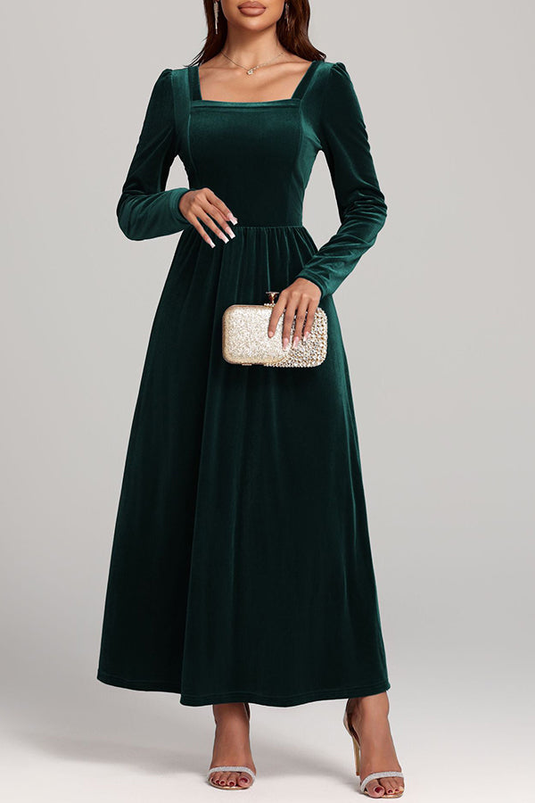 Solid Color Velvet Square Neck Long Sleeve Elegant Maxi Dress-consonak
