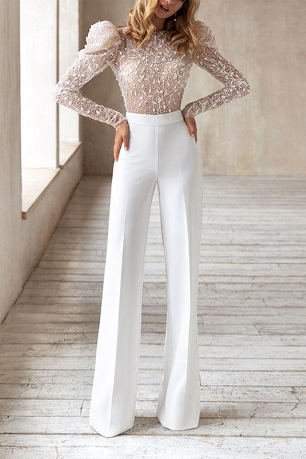 Round Neck Long Sleeve Open Back Jumpsuit | Consonak