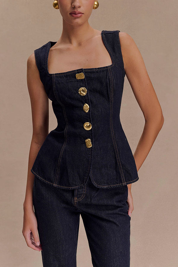 Stassi Denim Square Neck Unique Button Up Princess Seams Vest Top-consonak