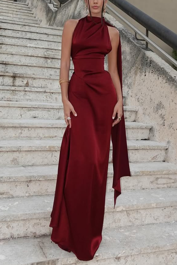 Solid Color Satin Elegant Sleeveless Waist Maxi Dress | Consonak