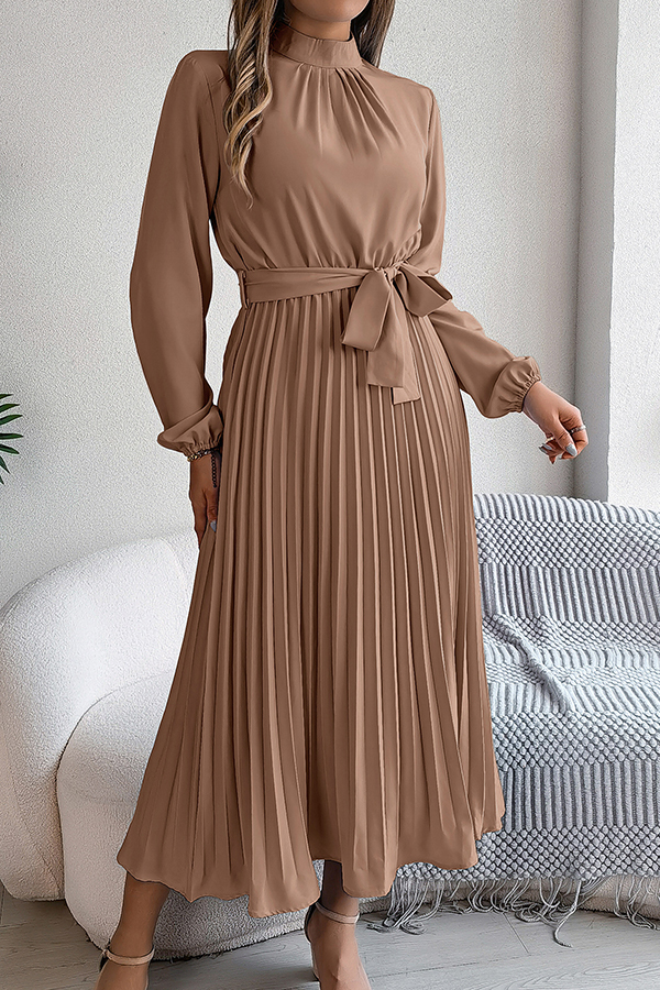 Elegant Stand-collar Long-sleeve Waisted Tie-up Pleated Midi Dress-consonak