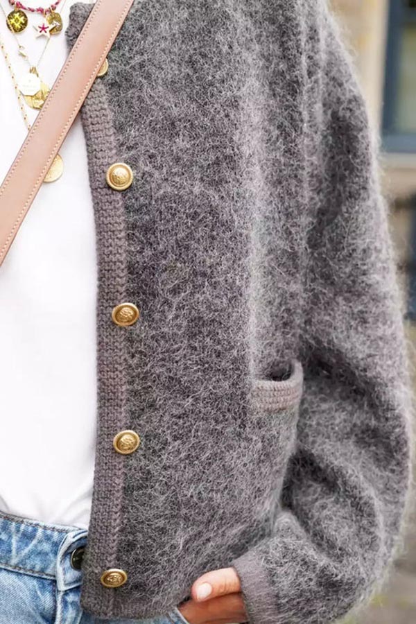 Cafe Couture Knit Metal Buttons Pocketed Shaggy Cardigan-consonak