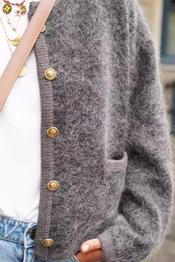 Cafe Couture Knit Metal Buttons Pocketed Shaggy Cardigan-consonak