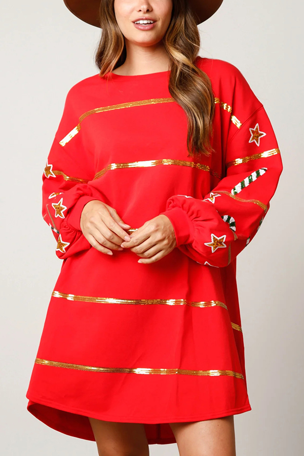 Christmas Candy Sequin Loose Long Sleeve Casual Mini Dress-consonak