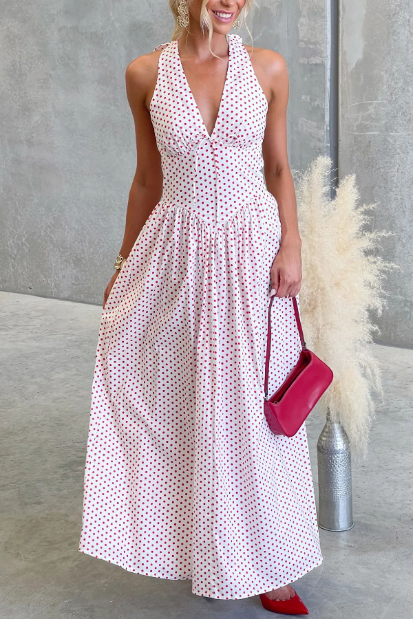 Polka Dot Print Halter Neck Fitted Waist Holiday Maxi Dress-consonak