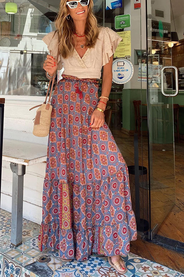 Audrina Bohemian Print Elastic Waist Tassel Maxi Skirt | Consonak