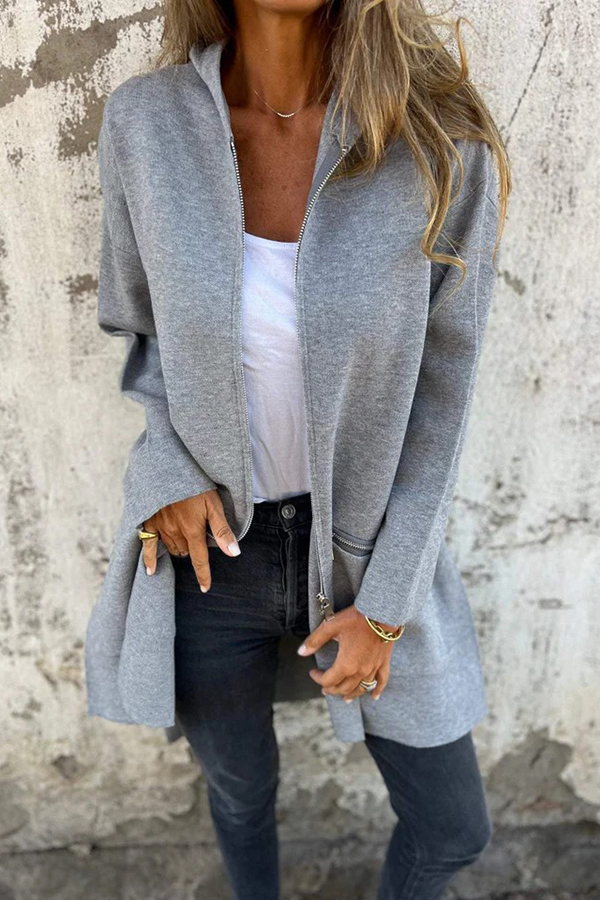 Solid Color Hooded Casual Zip Pocket Jacket-consonak