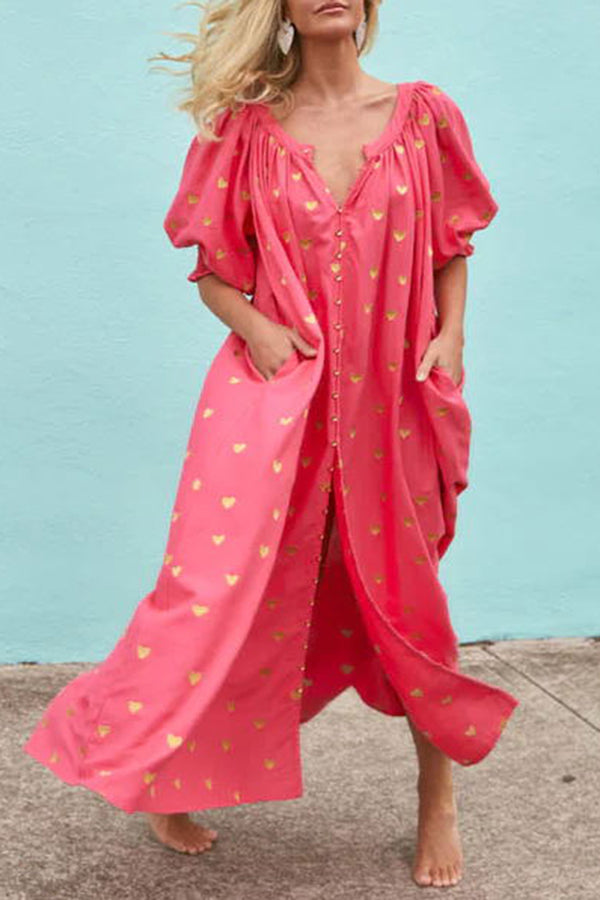 Valentine's Day Gold Heart Print Puff Sleeve Button Pocketed Loose Maxi Dress-consonak