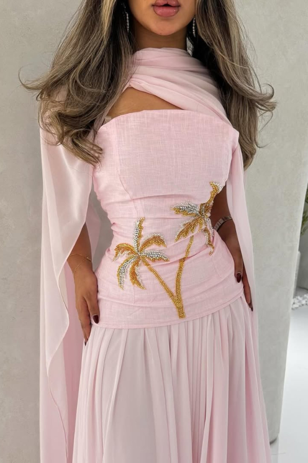 Stylish Beaded Sleeveless Off-shoulder Elegant Maxi Dress with Chiffon Shawl-consonak