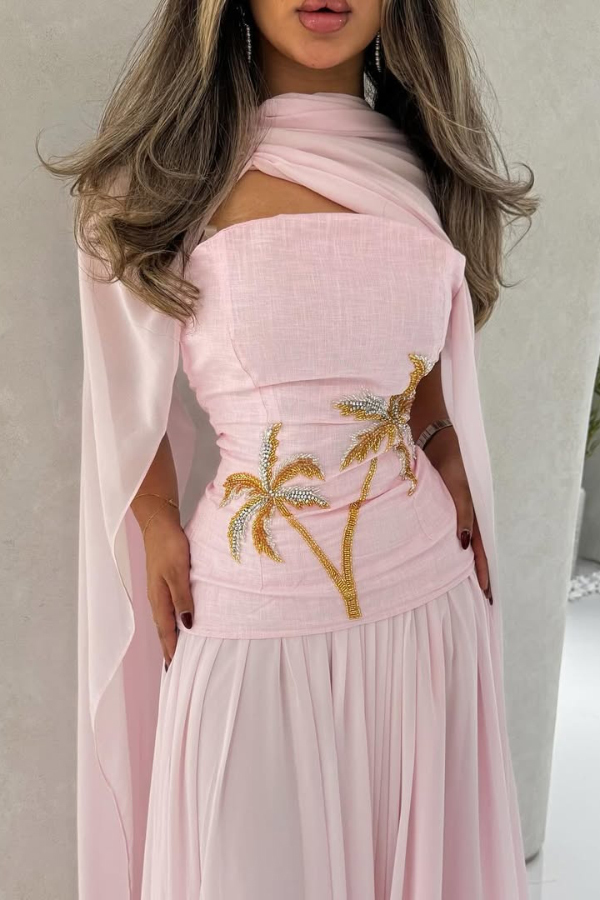 Stylish Beaded Sleeveless Off-shoulder Elegant Maxi Dress with Chiffon Shawl-consonak