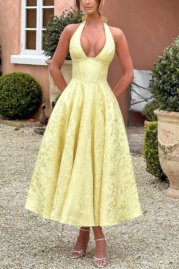 Stylish Jacquard Halter Neck Fitted Waist Open Back Elegant Midi Dress | Consonak