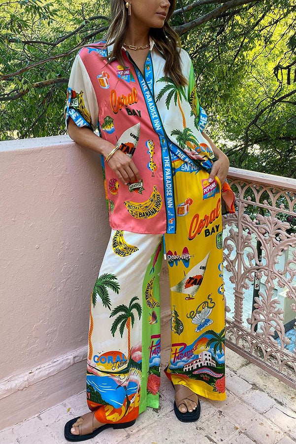 Kissed By The Sun Satin Unique Print Colorblock Button Down Oversized Blouse | Consonak