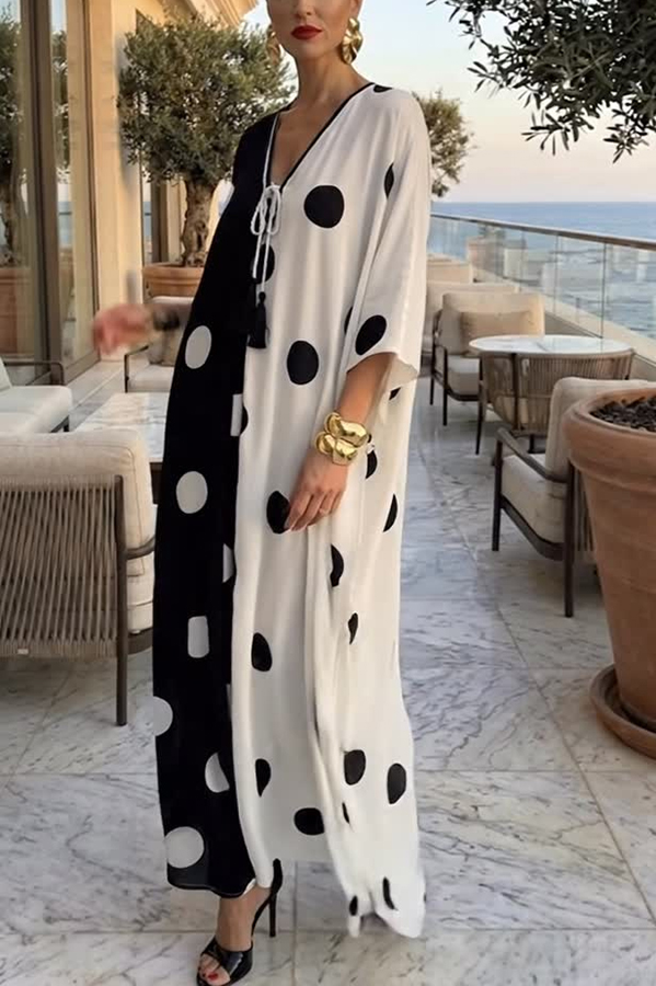 Lucia Chiffon Contrast Color Polka Dot Print Tie-up Neck Kaftan Vacation Maxi Dress-consonak
