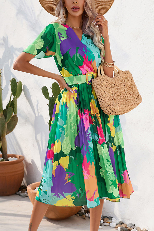 Paulette Contrast Floral Print Belted Pleated Midi Dress-consonak