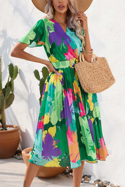 Paulette Contrast Floral Print Belted Pleated Midi Dress-consonak