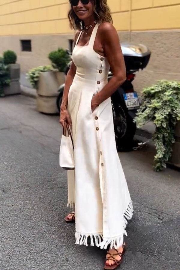 Viki Linen Blend Square Neck Wide Strap Side Button Pocket Tassel Trim Midi Dress-consonak