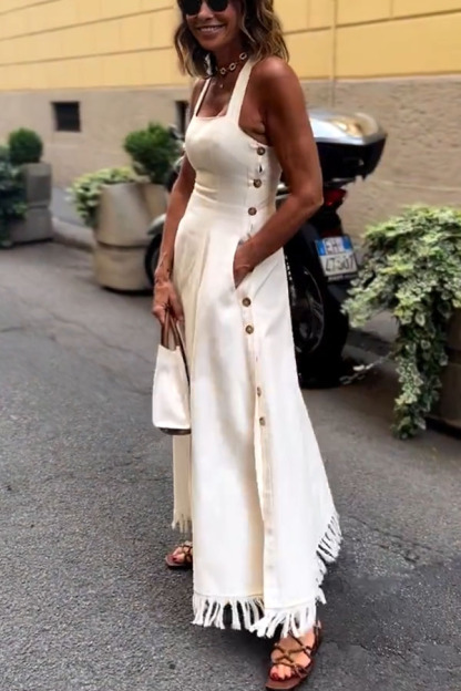 Viki Linen Blend Square Neck Wide Strap Side Button Pocket Tassel Trim Midi Dress-consonak