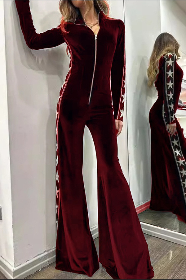 Star-print Velvet Patchwork Zipped Wide-leg Jumpsuit(ONE SIZE DOWN) | Consonak