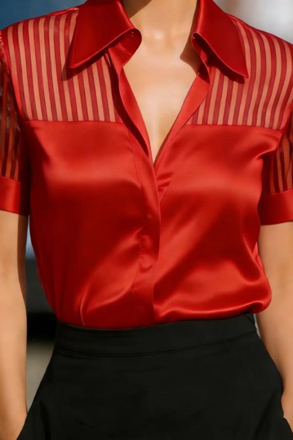 Solid Color Satin Sheer Striped Collared Short-sleeved Casual Shirt