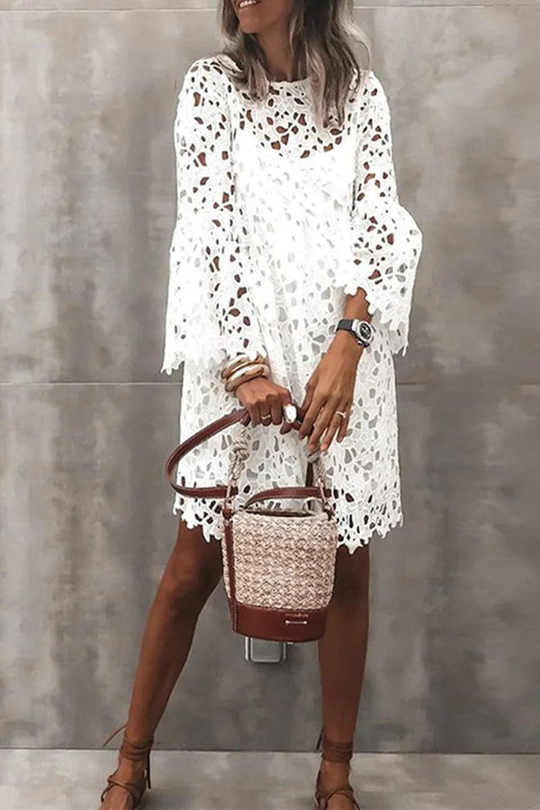 Pretty Presence Floral Crochet Lace Bell Sleeve Mini Dress-consonak