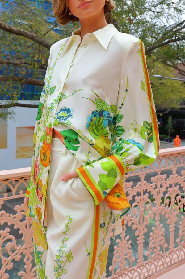 Antibes Satin Floral Print Back Tie-up Button Down Oversized Blouse-consonak