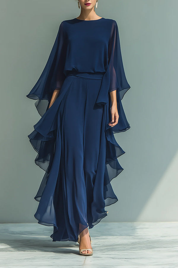 Chic Midnight Blue Ruffled Overlay Wide-Leg Pantsuit-Consonak