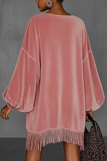 Solid Color Loose Long-sleeved Casual Tassel Hem Mini Dress-consonak