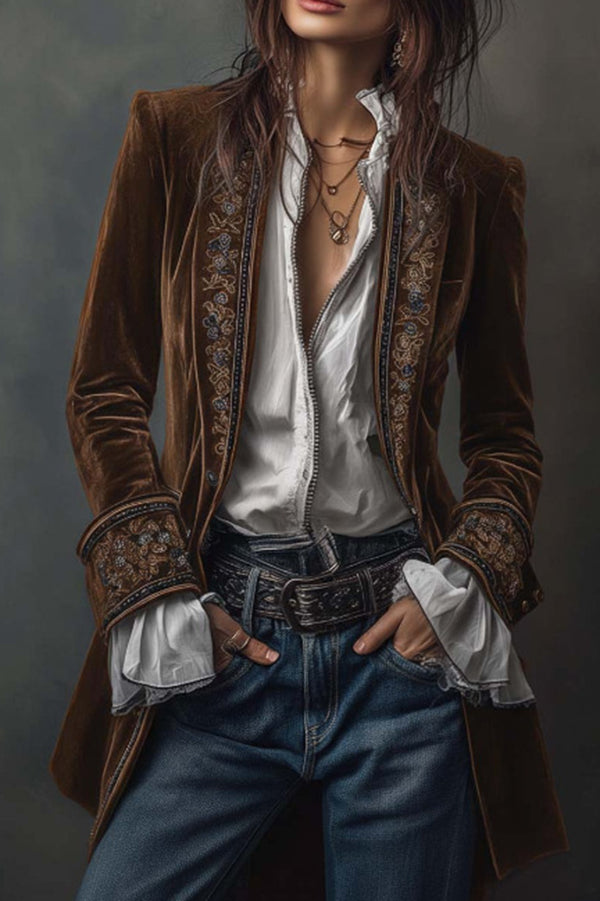 Gold Velvet Patchwork Printed Edge Long-sleeved Casual Jacket-consonak