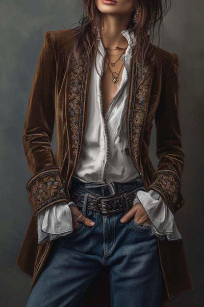 Gold Velvet Patchwork Printed Edge Long-sleeved Casual Jacket-consonak