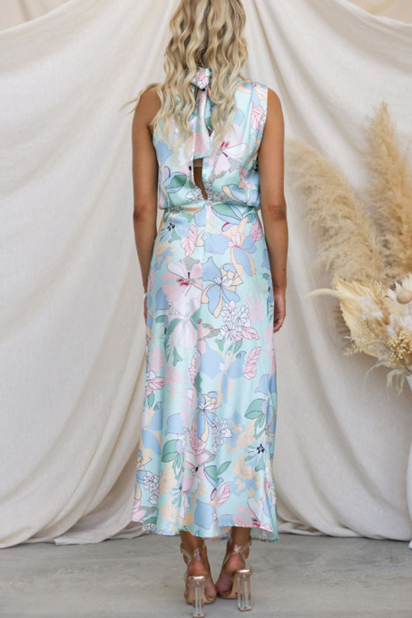 Love In The Garden Floral Halter Neck Elastic Waist Party Maxi Dress-consonak