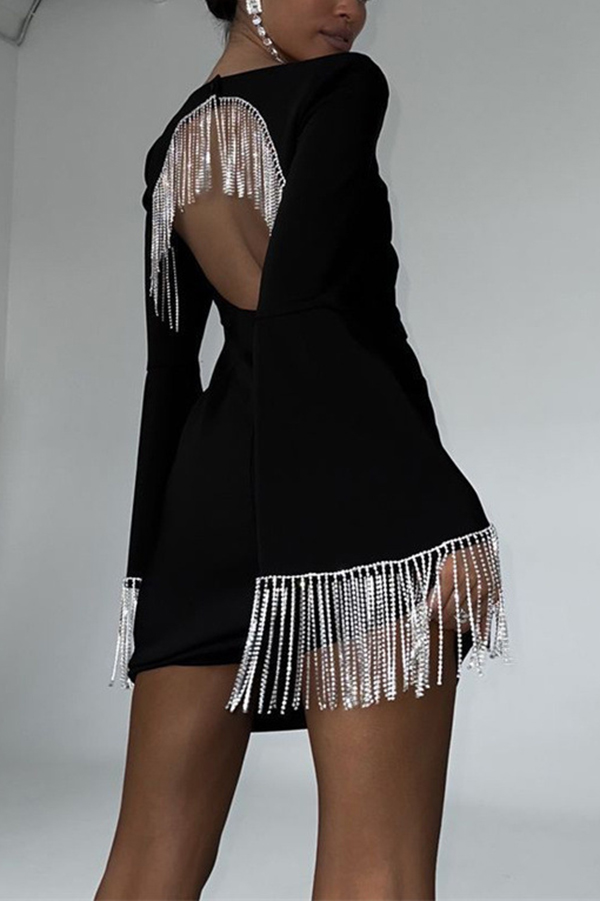 Fashionable Fringed Square Neck Bell Sleeves Hollow Back Mini Dress-consonak