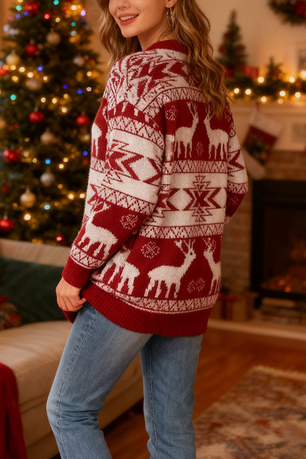 Christmas Reindeer Pattern Loose Long-sleeved Knit Cardigan-consonak