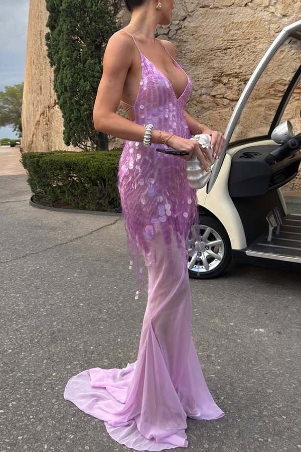 Perfect Night Sequin Embroidery Backless Drape Tulle Hem Slip Maxi Dress | Consonak