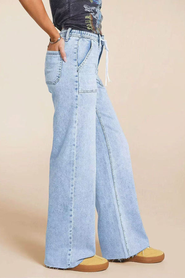 Stylish Elastic Waistband Drawstring Casual Pocket Loose Straight Leg Jeans