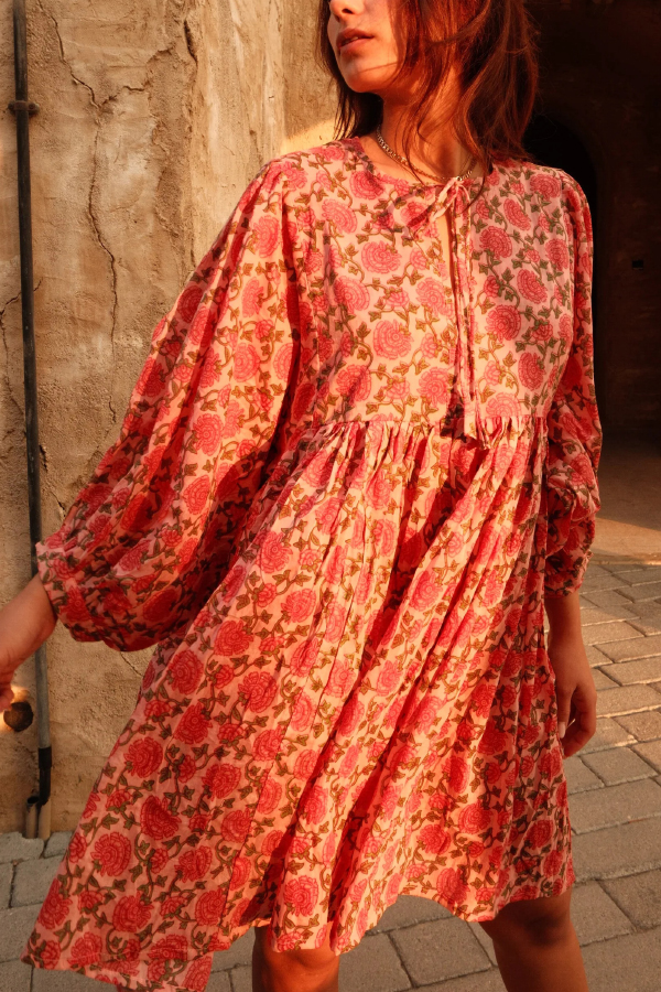 Floral Print Loose Round Neck Tie-up Casual Vacation Mini Dress