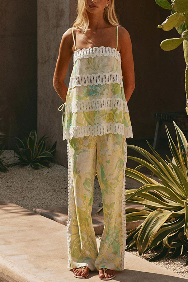 Summer Elegant Printed Curved Crochet Trim Camisole Top and Elastic Waist Casual Pocket Wide-leg Pants Set-Consonak