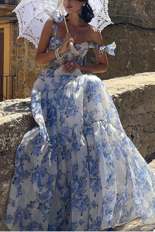 Fairytale Itself Organza Floral Print Tie Strap Maxi Dress | Consonak